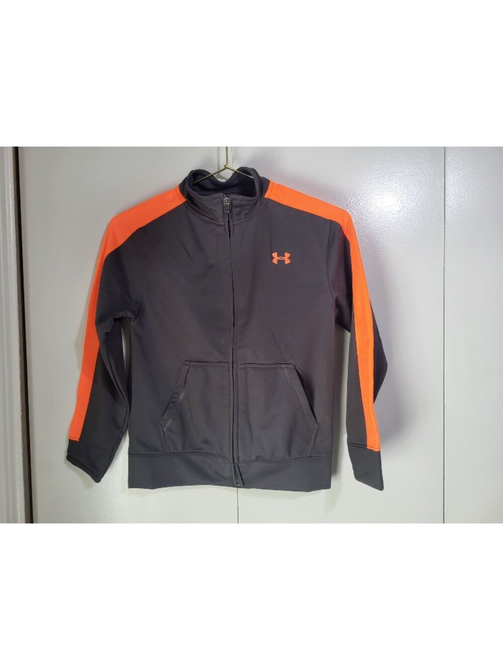 Boys Under Armour Fleece Jacket Gray Orange Full Zip Youth Kids Size 7
